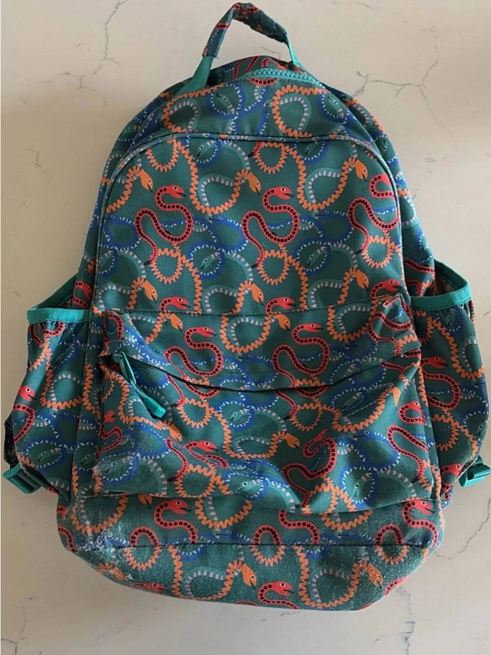 Pottery Barn Kids Teal Backpack with Orange and Blue Snake Print